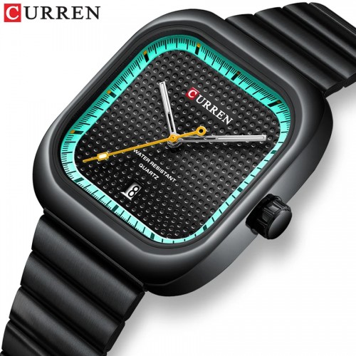 Curren-ساعة رجالية فاخرة ، مقاومة للماء ، ستانلس ستيل ، مربع ، كوارتز ، مع تاريخ مضيئة 